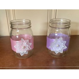 Handmade Two Mason jar candleholders embellished with ribbon & lace flower…you pick color