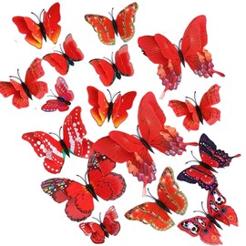CL-Link 24PCS 3D Butterfly Wall Decals Red Double Layer Butterflies Wall Stickers Removable Butterfly Decor for Home Bedroom Kids Room Decor