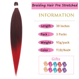 Ombre Red Braiding Hair Pre stretched 30 Inch 3 Packs Pre stretched Braiding Hair Yaki Texture Synthetic Hair Extension Itch Free Hot Water Setting(30", T1B/Red,3Packs)