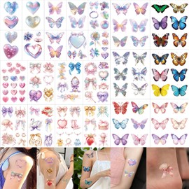 120 Pcs Glitter Heart Butterfly Bow Temporary Tattoos Sticker,Conquette Birthday Party Favors Party Supplies Decorations, Bright Color flower diamond Four Clover Butterfly Tattoo for Girls Women Q717