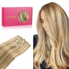 Wennalife Clip-In Human Hair Extensions, 35 cm (14 inches), 120 g, 7 Pieces, Light Blonde Highlights Golden Blonde, Clip-In Real Hair, Remy Hair Extensions, Natural Real Hair Extensions