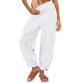 Caracilia Women Wide Leg Pants Casual Elastic Waist Loose Baggy Harem Comfy Beach Lounge Sweatpants with Pockets White Small