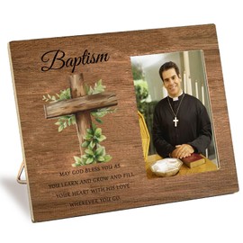 CREATCABIN Baptism Photo Frame 4 x 6 Standing Wall Mounted Vintage Wooden Decor Picture Frames with Adjustable Kickstand Portrait Photos Tabletop Display for Catholic Christian Baptism Gifts