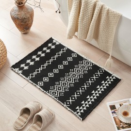 Douceur Boho Bath mat for Bathroom Floor Non Slip, Acrylic Blend Cute Bath Rugs with Tassels, Tribal Ethnic Pattern Farmhouse Bathroom Rugs, 24" x 36", Black