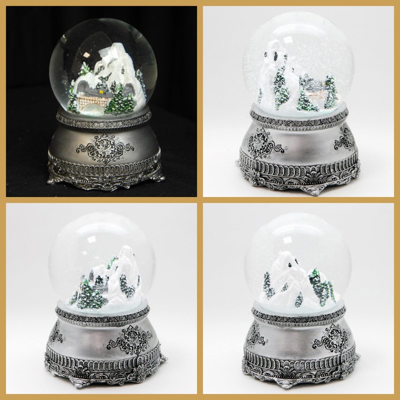 Snow globe mountain landscape with bridge, pewter effect ornaments, with