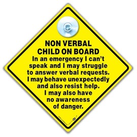Non-Verbal Child on Board Car Sign, 14 x 14 cm, Yellow Diamond Warning Sign with Suction Cup, Autism Awareness Emergency Alert