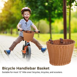 Kid's Bike Basket Front,Bicycle Hanging Basket with Adjustable PU Belts,Weatherproof Premium Hand-Woven Rattan Storage Bicycle Basket for Boys Girls Bicycle Accessories (Brown)