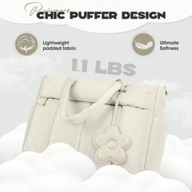 RAINSMORE Tote Bag for Women with Zipper Puffer Tote Bag Large Laptop Tote Bag Lightweight Puffy Quilted Travel Tote Bags with Shoulder Strap Work Nurse Bag Shoulder Bag Handbag for Travel Gym, Beige