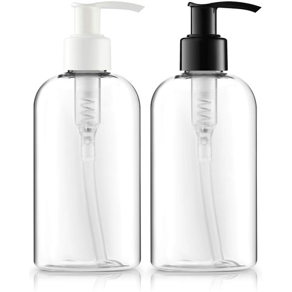BAR5F Plastic Bottles with Pump Dispenser, 8 oz | Leak Proof, Empty, Clear Refillable, BPA Free for Body Wash, Moisturizer, Face Cream, Liquid Soap | Black & White Pumping Caps | Set of 2
