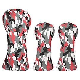 Premium PU Leather Driver/Wood FW Headcover ★3 Piece Set★ 1+3+5 Set (American Flag Star/American Flag Eagle Pattern/Camo/Red X Black/Skull x England Flag) (Camo Red)
