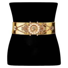 RHOUGAIN Gold Belt for Women Pearl Wide Waist Elastic Stretch Belt Vintage Retro Fashion Trendy Dress Belt for Jeans Pants Gold 1