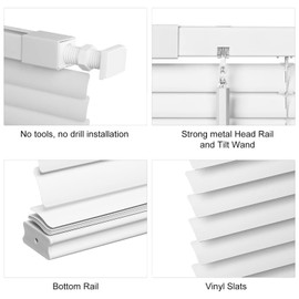 MYshade No Tools-No Drill Cordless 1" Light Filtering Vinyl Mini Blinds for Indoor Windows - 36.5" W x 64" H,Horizontal Shades, Home/Office Privacy with Smooth Lift & Dustproof Slats (White)