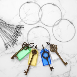 20 Pieces Silver Stainless Steel Key Ring, 25 cm Nylon Coated Screw Lock Key Rings, 9.84 inches Luggage Tag Lanyard, Label Card Lanyard, Warning Sign Lanyard.