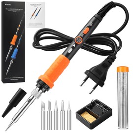 Lötkolben Set, Wiecok 60W Lötkolben mit Temperatur Einstellbar 200-450°C, EIN/AUS Schalter, 15g Lötdraht, 5 Lötspitzen, Soldering Iron Set für Elektrotechnik Reparaturen Profi Hobbybastler (Orange)