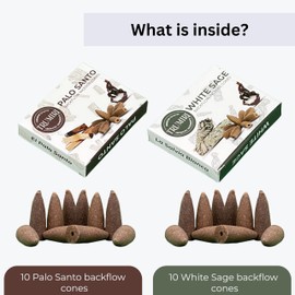 Backflow Incense Cones - Combo Pack of 20 Incense Cones Waterfall - 10 Palo Santo + 10 White Sage - Incense Backflow Cones - Waterfall Incense Cones - Incense Waterfall Cones
