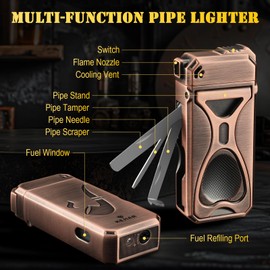 KEJIAR Pipe Lighter with Pipe Stand, 3 Collapsible Pipe Cleaning Tools, 4 in 1 Soft Flame Lighter, Refillable Butane, Men's Pipe Set Gift (Bronze Color)