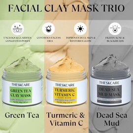 THESKCARE 3PCS Clay Mask Set Turmeric Vitamin C Dead Sea Mud Green Tea Oil Control Facial Deep Cleaning and Brightening Skin 240g each 2.82oz / 더SKCARE 3PCS 클레이 마스크 세트 강황 비타민 C 사해 진흙 녹차 유분 조절용 페이셜 딥 클리닝 및 광채 피부 각 240g 2.82온스