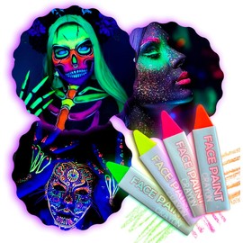 4 Crayones Neón Fluorescentes Maquillaje Glow Luz Negra Uv Pintura Facil Pintacarita Makeup Brillante Grupo Carnavallia
