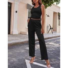 Ekouaer Women's 3 Piece Knit Lounge Set Pajama Long Sleeve Cardigan Sleeveless Top Pants SweatsuitBlackMedium