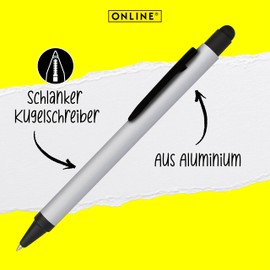 Online Ballpoint Pen Aluminium Stylus Silver, Retractable Ballpoint Pen Made of Aluminium, Interchangeable Large Capacity Refill, Blue Ink Colour with Soft Touch Feeling, Pen with Stylus