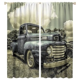 Vintage Car Curtains,Retro Rustic Truck Antique Navy Blue Old Truck Bedroom Curtains for Bedroom Living Room Decor Window Drapes, 2 Panels,42x45in