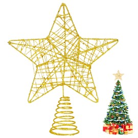 Tenn Well Christmas Tree Topper, Gold Glittered Tree Topper Hollow Metal Star Tree Topper for Christmas Tree Ornament Home Decoration (18cm x 22cm)