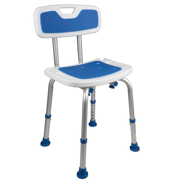 PCP Shower Chair Safety Seat, Adjustable Height, Stability Grip Traction, Medical Grade Senior Living Spa Aid, Mobility Recovery Support, White/Blue