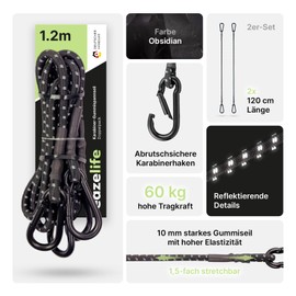 Set of 2 Elastic Straps with Carabiner, 60 cm / 120 cm, Reflective, Extremely Durable, Durable, Safe, Black Expander with Solid Carabiner Hooks for Sun Sail, Outdoor, Bicycle & Car (120 cm)