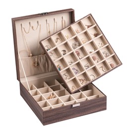 Frebeauty Earring Organizer Classic Jewelry Box 50 Slots Double Layer Jewelry Storage Case with 6 Necklace Hook and Bracelet Pocket(Tree Brown)