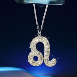 Bling Car Accessories for Women, 12 Zodiac Constellation Charm Crystal Pendant, Rear View Mirror Cute Crystal Pendant, Lucky Gifts Girly Diamond Rhinestone Charm Interior Leo