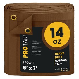 PROTARP Heavy Duty 14 OZ Water Resistant Canvas Tarp, UV Resistant Tarpaulin Cover with Rustproof Brass Grommets, Multipurpose for Canopy, Roof, Camping, Woodpile (Brown 5'X7')