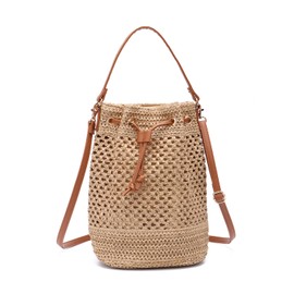 EVEOUT Straw Bucket Bag for Women Summer Woven Beach Bag Totes Purses Drawstring Handbag for Vacation Hobo Shoulder Bag