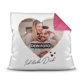 PR Print Royal Photo Cushion with Filling with Saying "Ich Liebe Dich - zum SelbstGestalten with Desired Photo in the Heart for Lovers" Colour Cushion Back Pink 40 x 40 cm