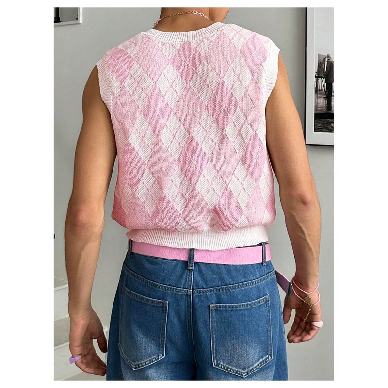 BEAUDRM Men's Plaid Geometric Sleeveless Knitted Sweater V Neck Crochet