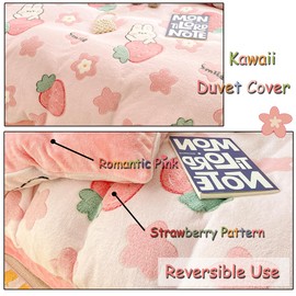 LMONMOO Twin Duvet Cover, Pink Strawberry Duvet Cover Set, Super Soft Kawaii Bedding Sets Cute Rabbit Fluffy Comforter for Girls Kids Teen Women with Zipper Closure & Corner Ties