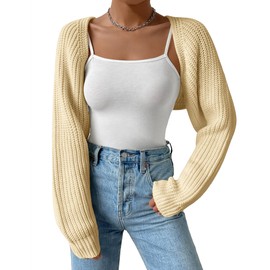SECRETEYARD Women's Long Sleeve Open Front Knitted Crop Cardigan Drop Shoulder Knit Christmas Shrug Beige