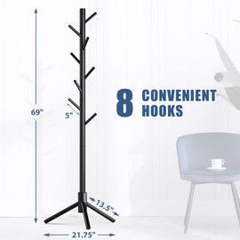 Hupmad Wooden Tree Coat Rack Stand,Sturdy Freestanding Coat Rack with 8 Hooks,3 Adjustable Height for Child Adult,Wood Coat Stand Tree Fits Entryway Bedroom Office for Bags,Hats