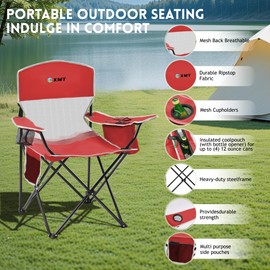 Portable Outdoor Folding Chair with Cup Holder & Cooler Bag - Breathable Mesh, Wide Armrests, Ergonomic Design for Camping, Beach, Backyard - Includes Storage Bag & Bottle Opener (Black/Green/Red)