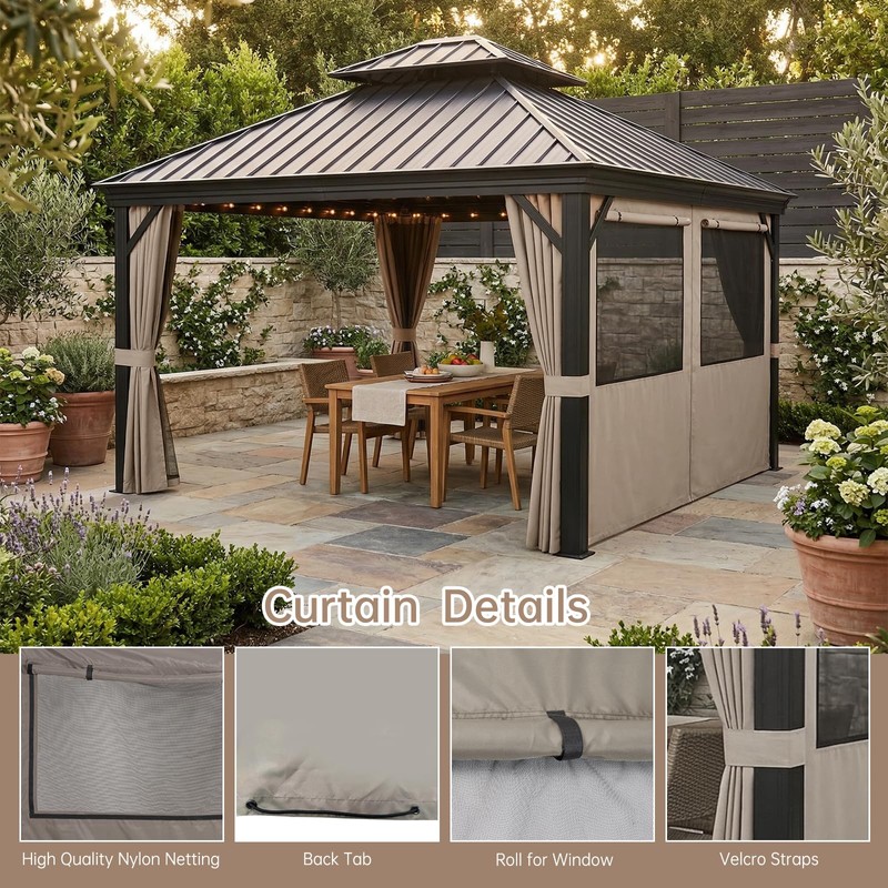 10x12 Gazebo Curtains Outdoor Waterproof, 4 Privacy Side Panels(Brown)