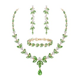EVER FAITH Marquise Crystal Party Jewelry Set for Bride, Costume Accessory Rhinestone Necklace Dangle Earrings Tennis Bracelet Light Green Gold-Tone