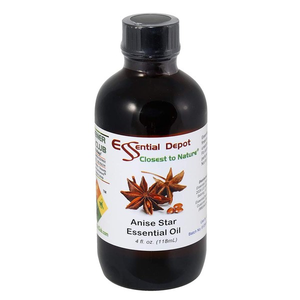 Anise Star Essential Oil - 4 oz - GC/MS Tested - Supplied in 4 oz. Amber Glass Bottle with Black Phenolic Cone Lined and Safety Sealed Cap