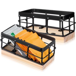 Blulu Sugar Packet Basket Iron Sugar Organizer with Wooden Base Small Caddy Iron Organizer Coffee Creamer Holder Tea Bag Caddy Holder for Coffee Bar Kitchen Home(2 Sets)