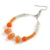 Orange/Transparent Ceramic/Glass Bead Hoop Earrings In Silver Tone - 70mm