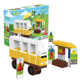 BiOBUDDi BB-0113 Bus Kit, Biological Building Blocks for Plug-In, Compatible with Other Brands, Made of Organic Plastic, 31 Clamping Blocks, Play Background and Cardboard Toy Figures
