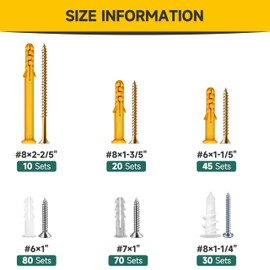 Mywish 510Pcs Wall Hanging Kit with Anchors and Screws, Dry Wall Anchors and Screws Kit for Picture Hanging, Plastic Drywall Screws and Anchors for Sheetrock Concrete Brick, 6 Sizes