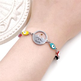 Multicolor Evil Eye Chain Round Mountain Mustard Seed Charm Adjustable Bracelet, Women Christian Good Luck Religious Gift