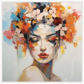 Kate and Laurel Female Figure Colorful Flowers In Hair Framed Canvas Wall Art by The Creative Bunch Studio 30 x 30 Sylvie White, Modern, Abstract, Flowers, People Art for Wall Decor, Living Room,