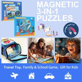 HouzeFun 2 Pack Magnetic Puzzles Toys for Kids Age 3-5, Magnets Puzzle for Childrens, Ideal Gifts for Toddler, Educational Sensory Wooden Puzzles, Preschool Toys (2 Pack, Vehicles + Ocean)
