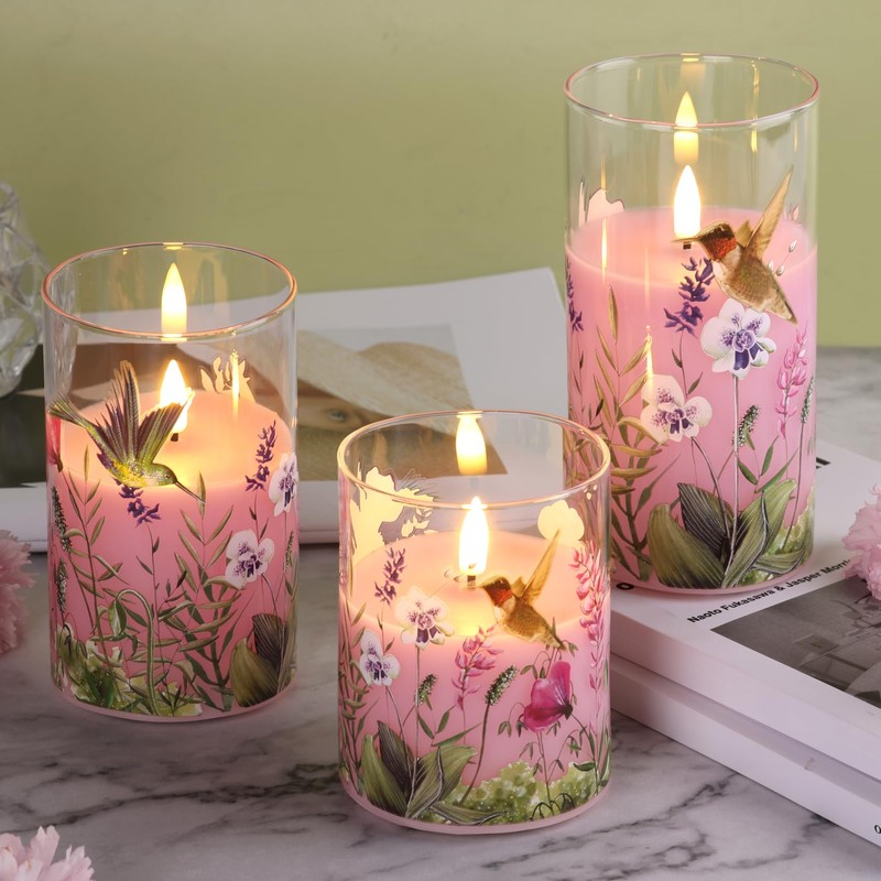 Girimax Pink Hummingbird Glass LED Candles with Remote, Flickering Flameless