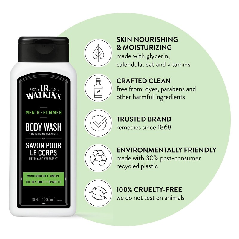 J.R. Watkins Body Wash Men's Wintergreen and Spruce, 18 fl